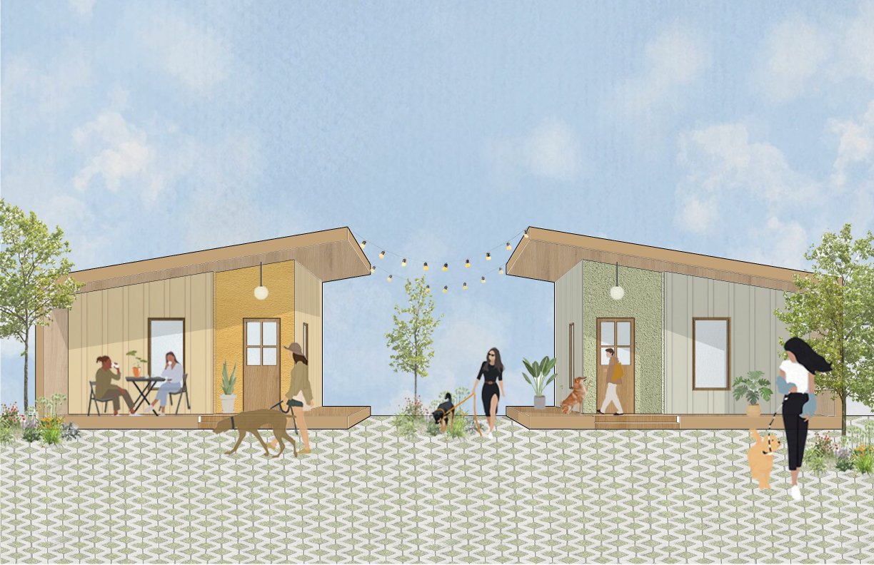 Campus concept rendering — tiny homes with porches, residents, and dogs